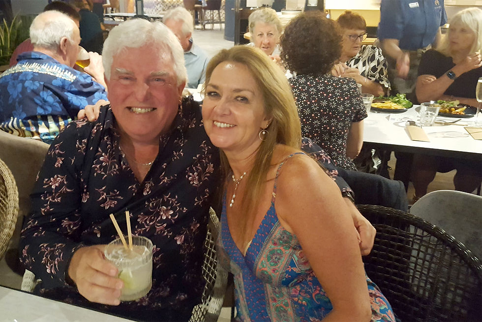 Sue Davies regaling Dave Keogh with tales of husband Rob’s exploits
