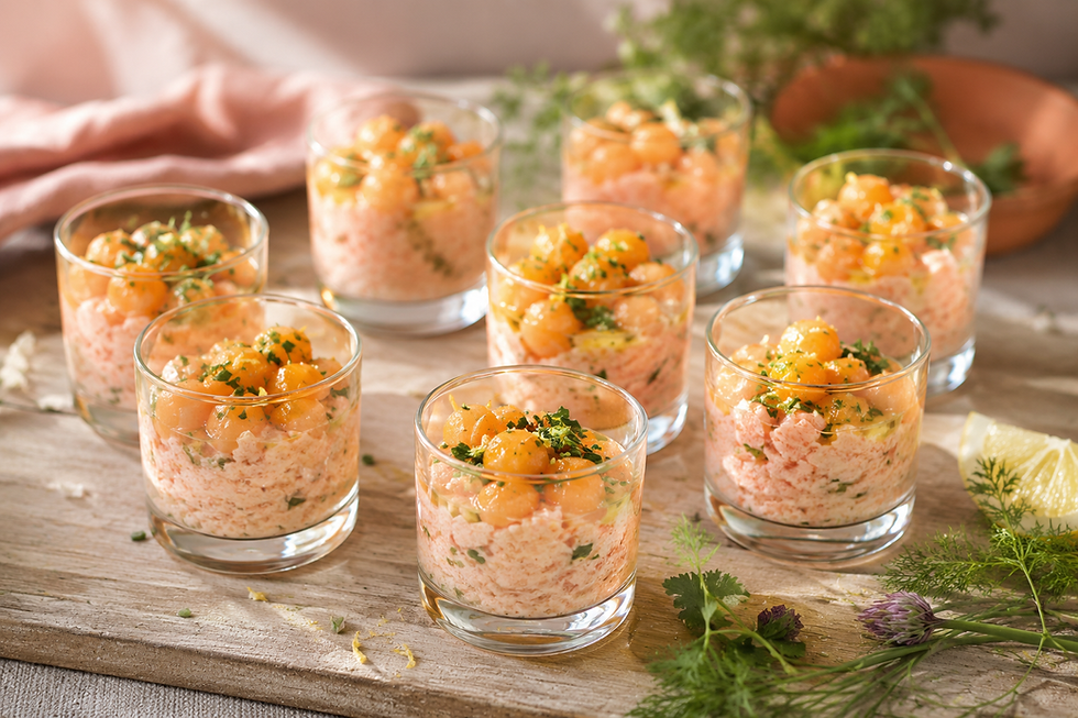 Huit verrines apéritives en verre transparent remplies d'une préparation crémeuse rose pâle au crabe, garnies de billes de melon orange, d'herbes fraîches ciselées et d'un filet d'huile d'olive. Les verrines sont disposées sur une planche en bois clair, entourées de zestes de citron et d'herbes aromatiques, dans une lumière naturelle douce offrant une ambiance estivale, chaleureuse et élégante.