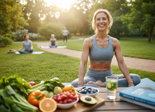 ménopause alimentation anti inflammatoire femme souriante, fruits et légumes