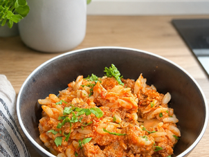 orzo de konjac tomates pesto viande hachée