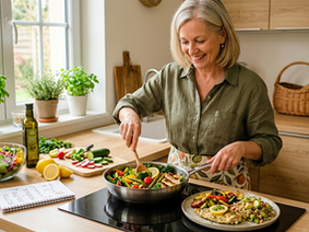 femme après 40 ans qui cuisine une poêlée de légumes et de poulet avec du quinoa, alimentation équilibrée à la ménopause