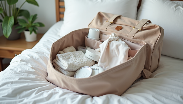 Eye-level view of a neatly packed hospital bag with baby clothes and mom’s essentials
