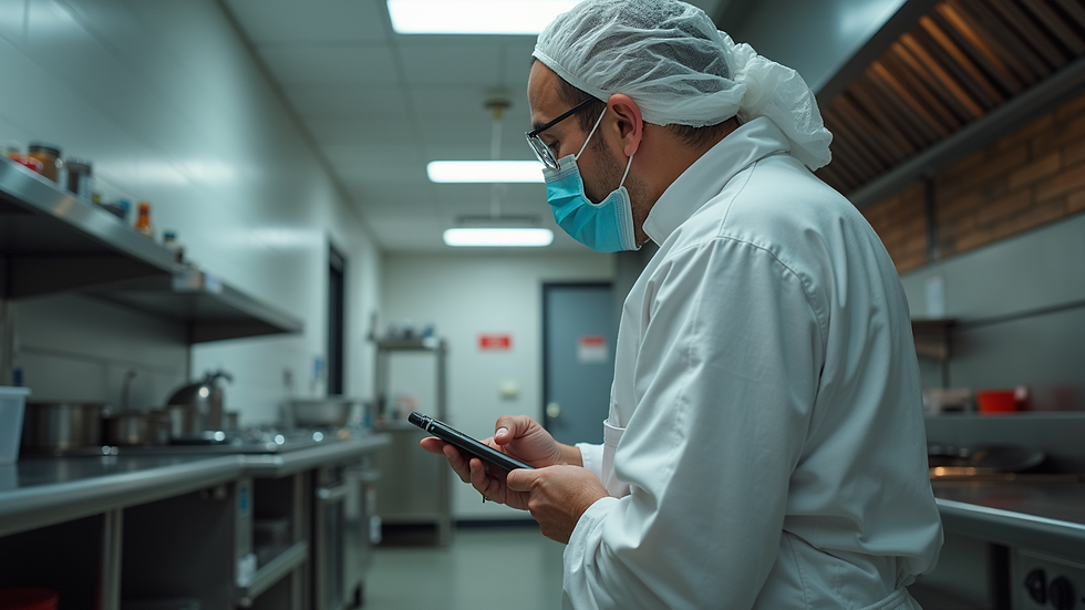 Eye-level view of a pest control technician inspecting a commercial kitchen