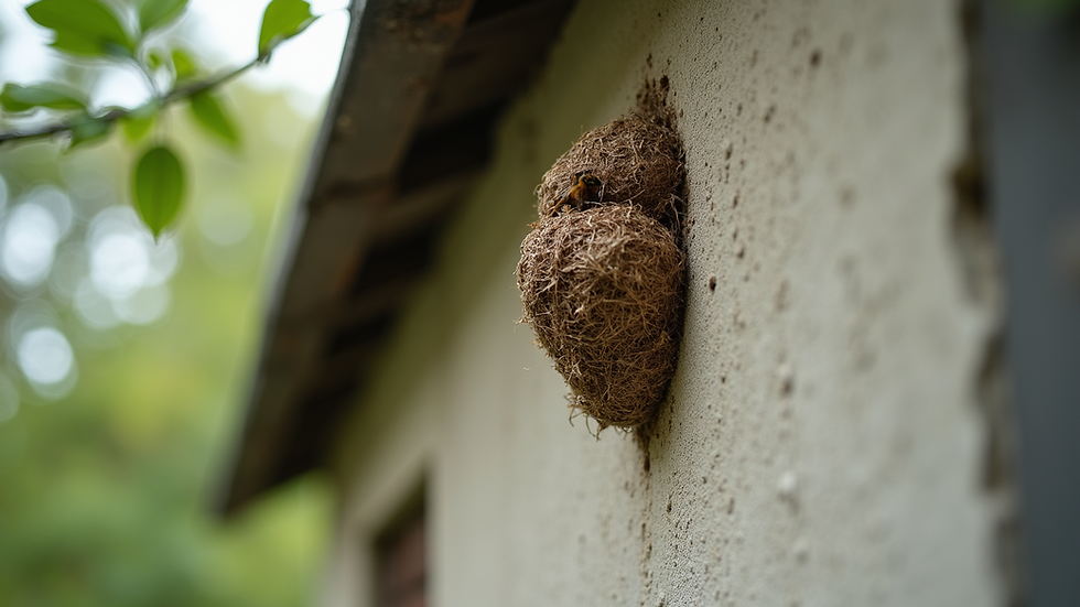 Close-up view of a wasp nest on the exterior wall of a building