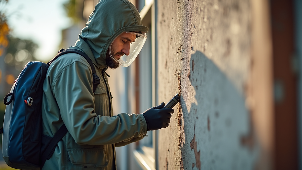 Eye-level view of a pest control technician inspecting a building exterior