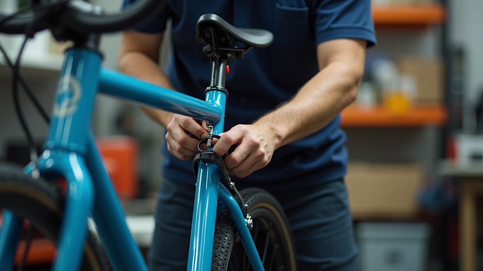Close-up view of a mechanic tuning a bicycle at a repair stand