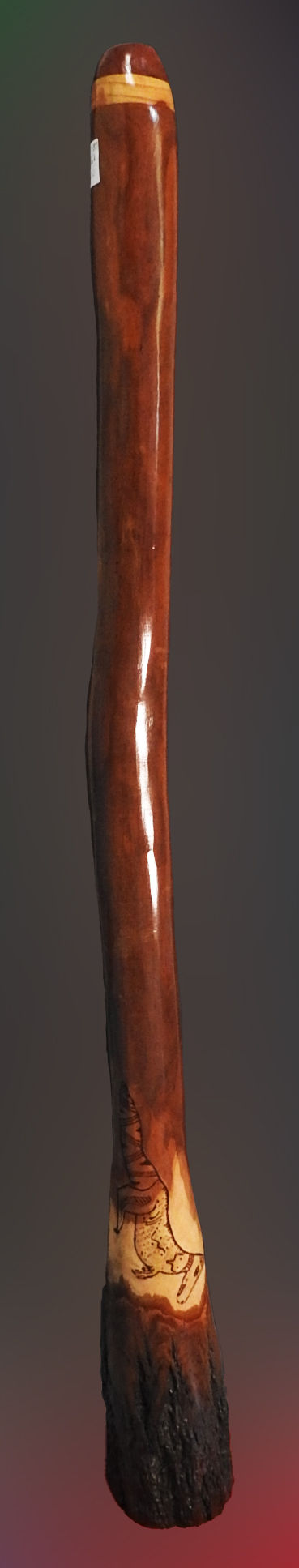 Thumbnail: Santo Didgeridoo Key F - Iron Bark Carved Kangaroo By Daryl Charlesworth.