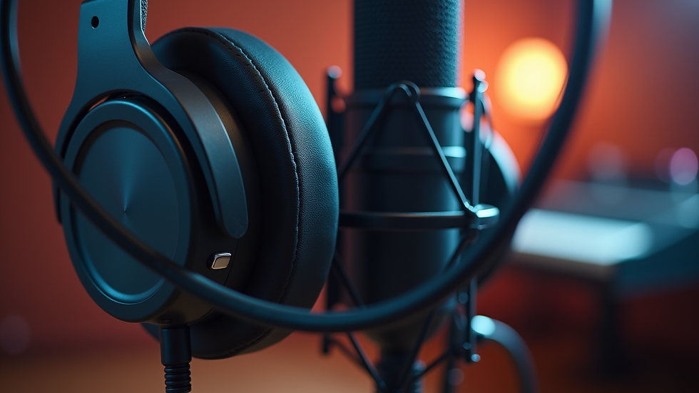 Close-up view of a microphone and headphones set up for a virtual artist talk
