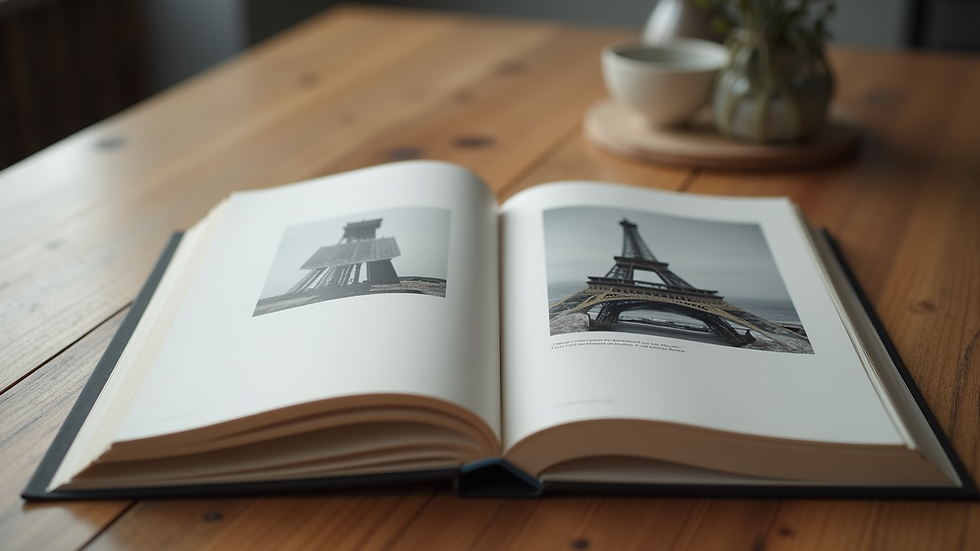 Close-up view of a printed art book open on a wooden table