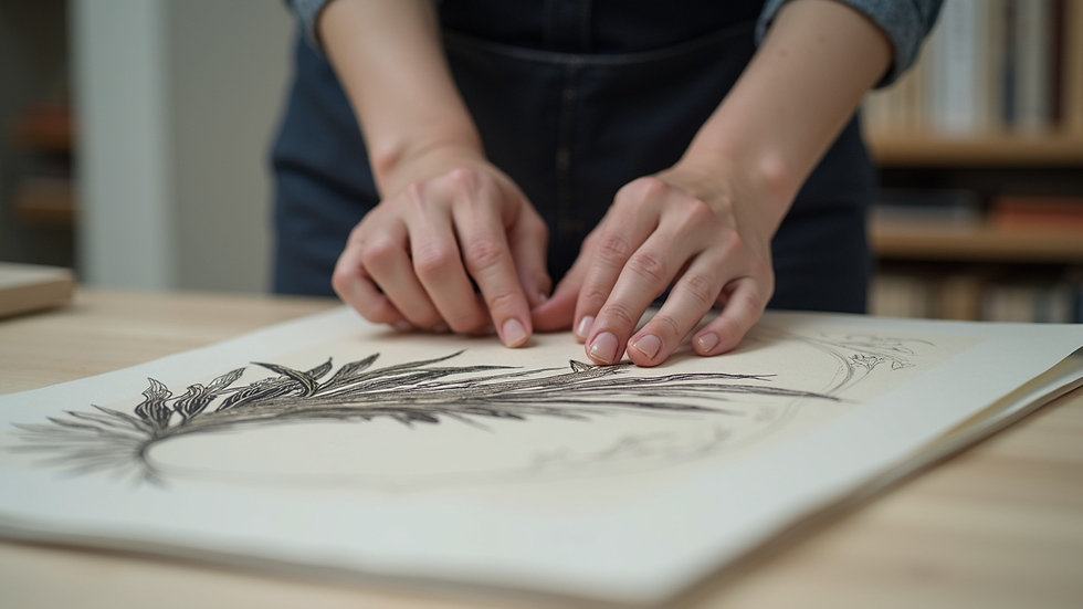 Close-up view of a curator arranging contemporary Asian artwork