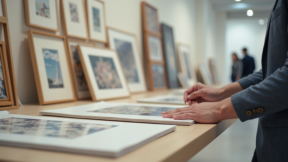 Close-up view of a curator arranging artworks in an exhibition space