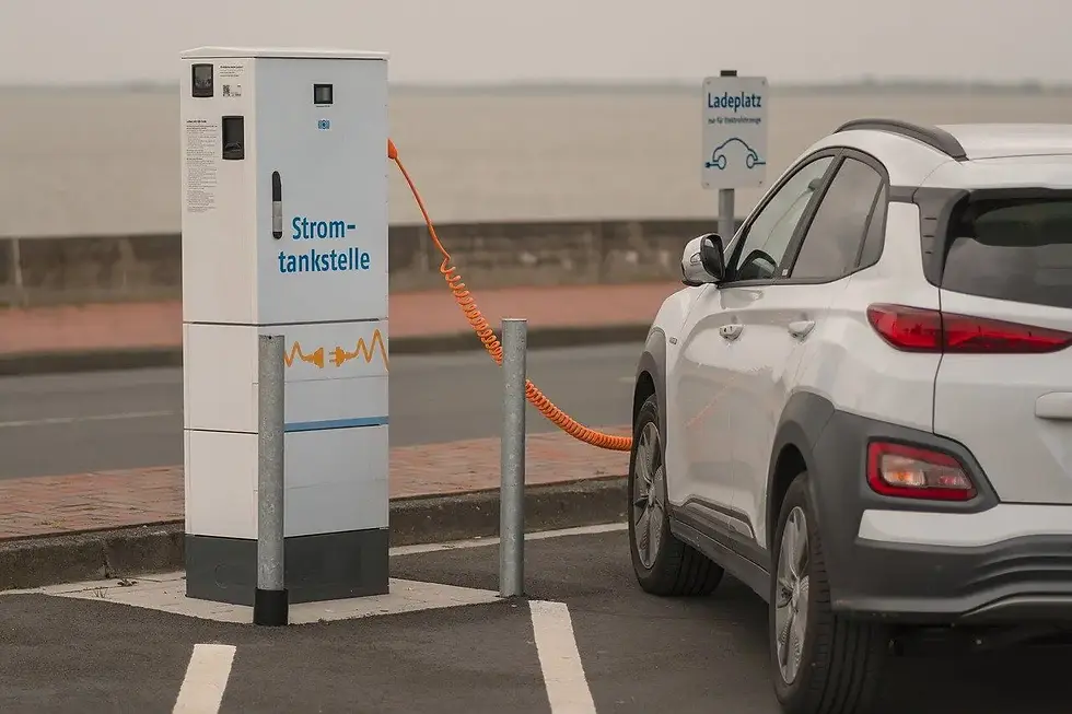 Elektroauto lädt auf einer Autobahnraststätte