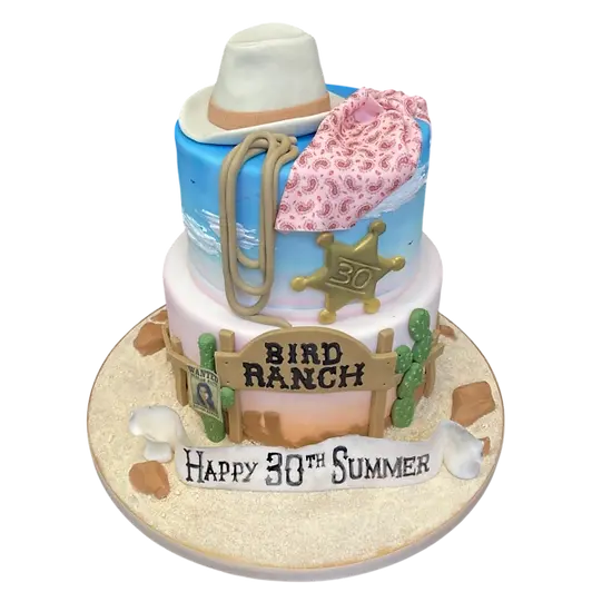 Bespoke Wild West cowboy sheriff ranch cake with detailed hat and badge decorations in Solihull, West Midlands.