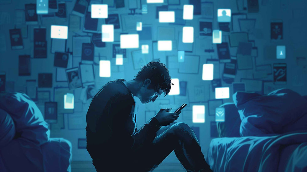 Young man sitting in a dark room overwhelmed by digital screens and notifications, illustrating tech addiction and lack of focus.