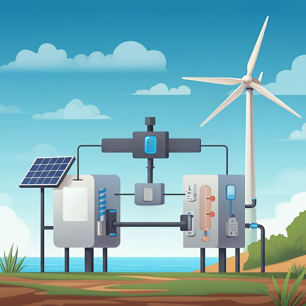 An illustration showing the electrolysis process, with water molecules being split into hydrogen and oxygen bubbles by electricity from a nearby wind turbine under a bright sky.