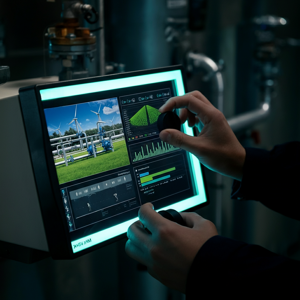 A close-up view of a technician's hands adjusting a control panel that displays data for both a natural gas pipeline and a renewable energy grid, illustrating system management.