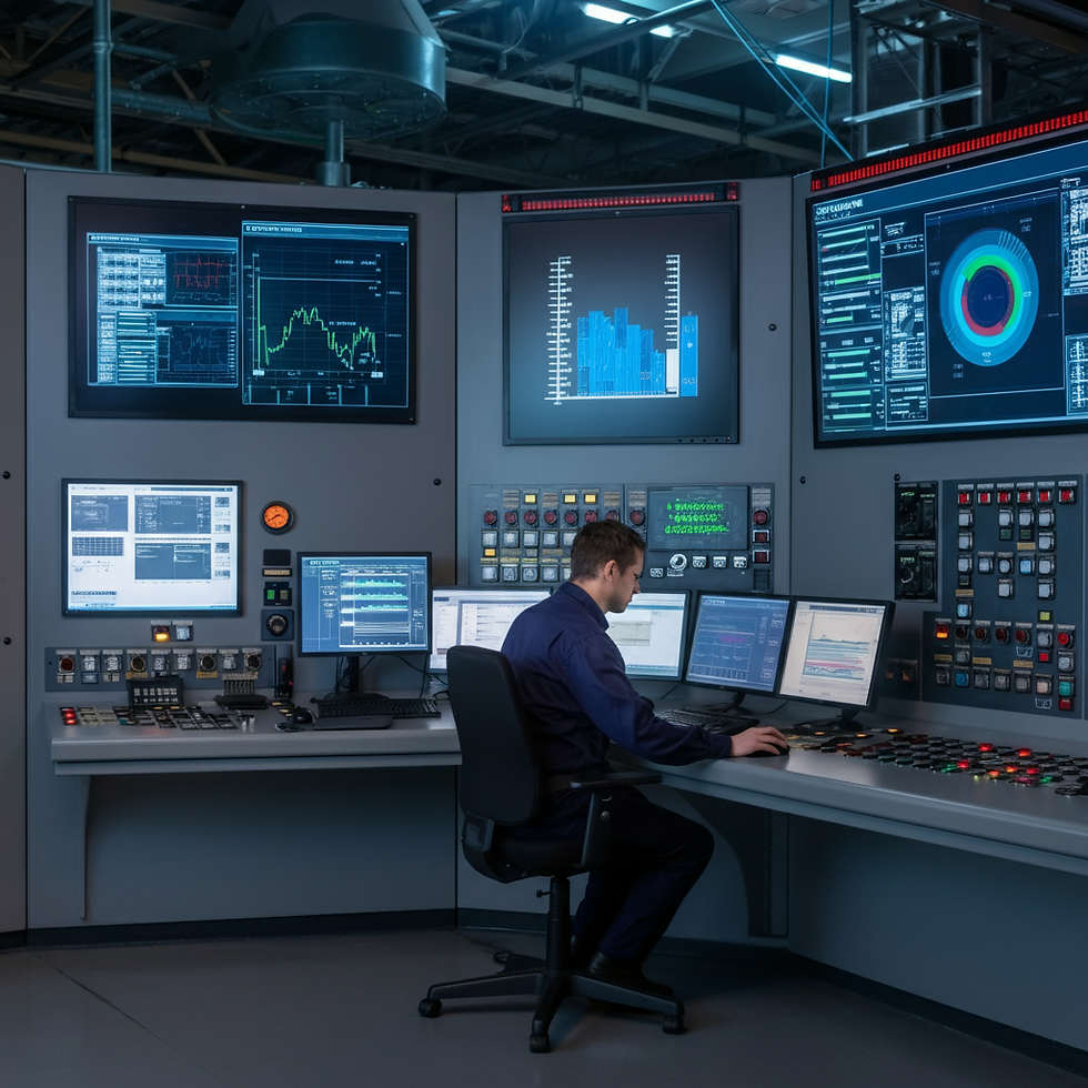 A technician working on a complex control panel in a brightly lit, modern power plant control room, with large screens displaying system data in the background.