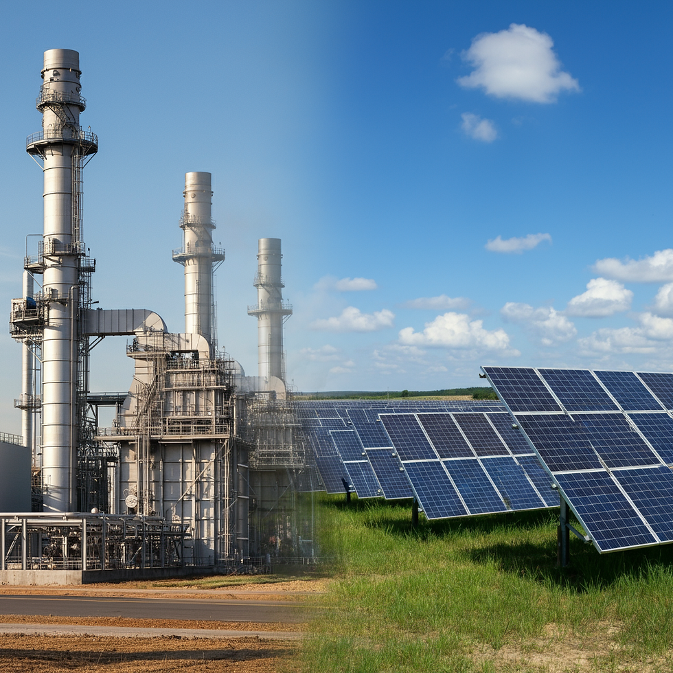 A split-screen style image with a modern natural gas power plant on one side and a vast solar farm under a clear sky on the other, representing energy diversification.