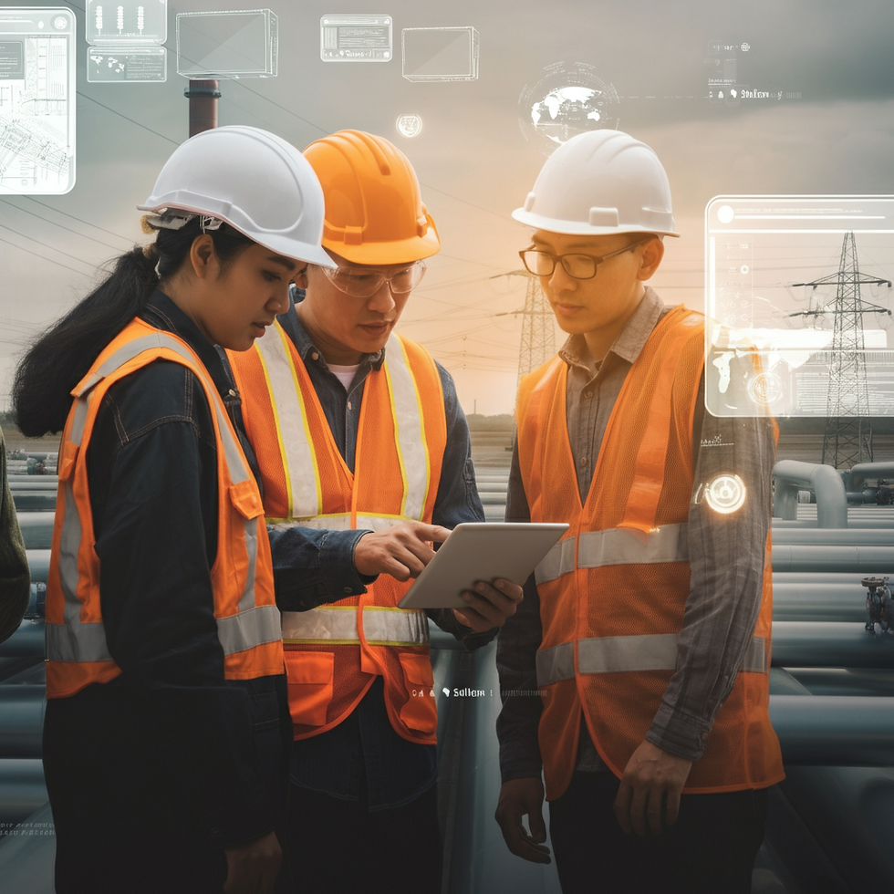 A team of diverse engineers in hard hats looking at a digital tablet, with a complex background of various energy infrastructures like pipelines and power lines.