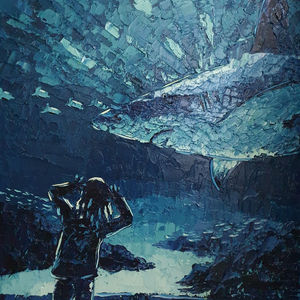 Little girl showing a funny face to a big shark in a big blue aquarium