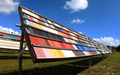 Eye-level view of a standing seam metal roof in a light color