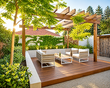 Timber deck and pergola with a landscaped outdoor living area in Adelaide