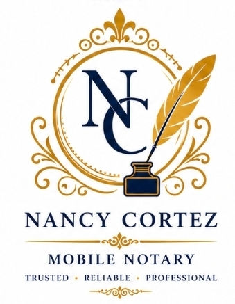 Nancy Cortez Mobile Notary logo with 'NC' and quill pen