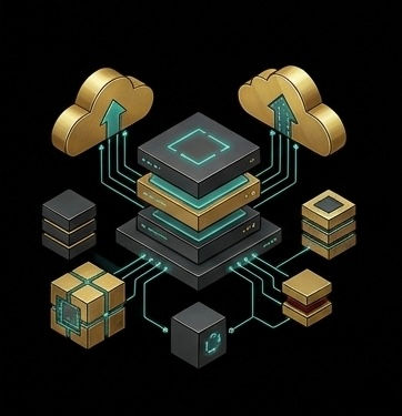 Isometric icon of connected digital blocks representing scalable cloud architecture for SaaS and technology companies.