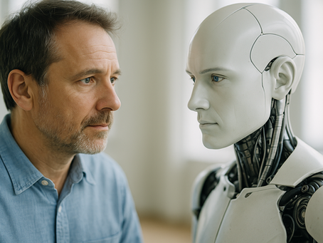 Ein Mann blickt einem humanoiden Roboter mit realistischer Gesichtsstruktur in die Augen. Beide stehen sich in einem hellen Raum gegenüber, was einen nachdenklichen Moment zwischen Mensch und Maschine symbolisiert.