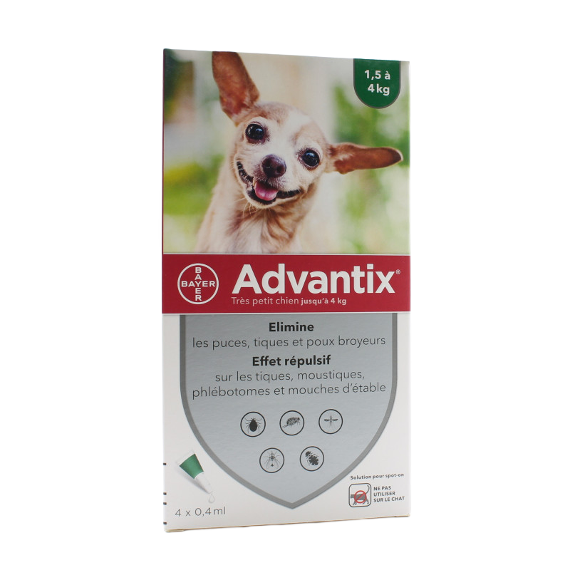 אדוונטיקס Advantix לכלבים עד 4 ק״ג, אריזת 4 אמפולות עם צילום כלב קטן