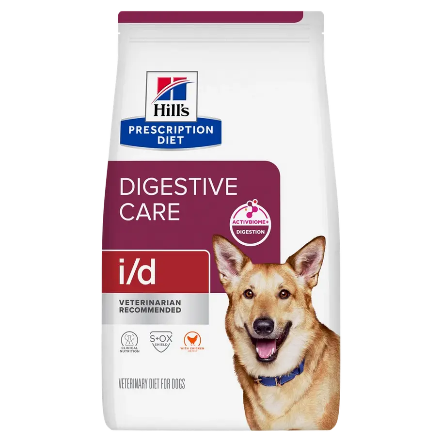 שק מזון יבש Hill’s Prescription Diet i/d Digestive Care לכלבים, מבט חזית עם תצלום כלב
