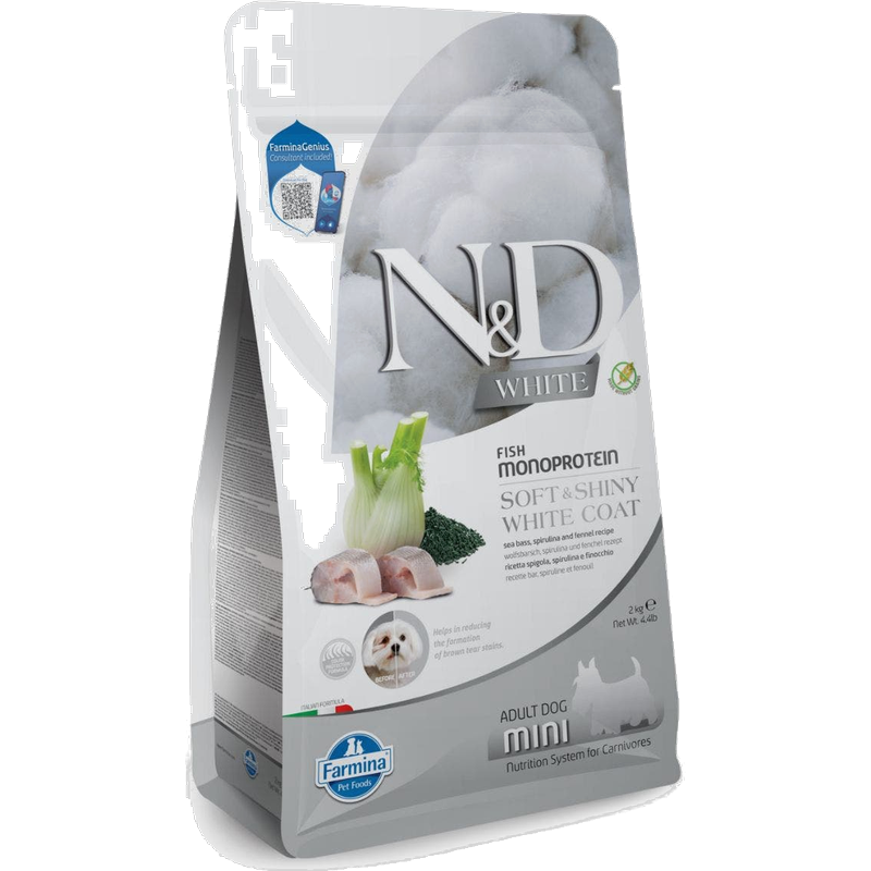 שק מזון יבש Farmina N&D White Fish Mini לכלבים בוגרים מגזע קטן, עם צילום כלב לבן על האריזה