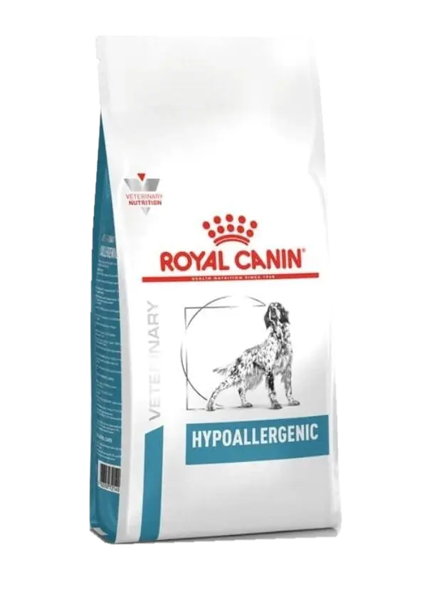 שקית Royal Canin Veterinary Hypoallergenic לכלבים, 14 ק״ג, מבט קדמי בזווית
