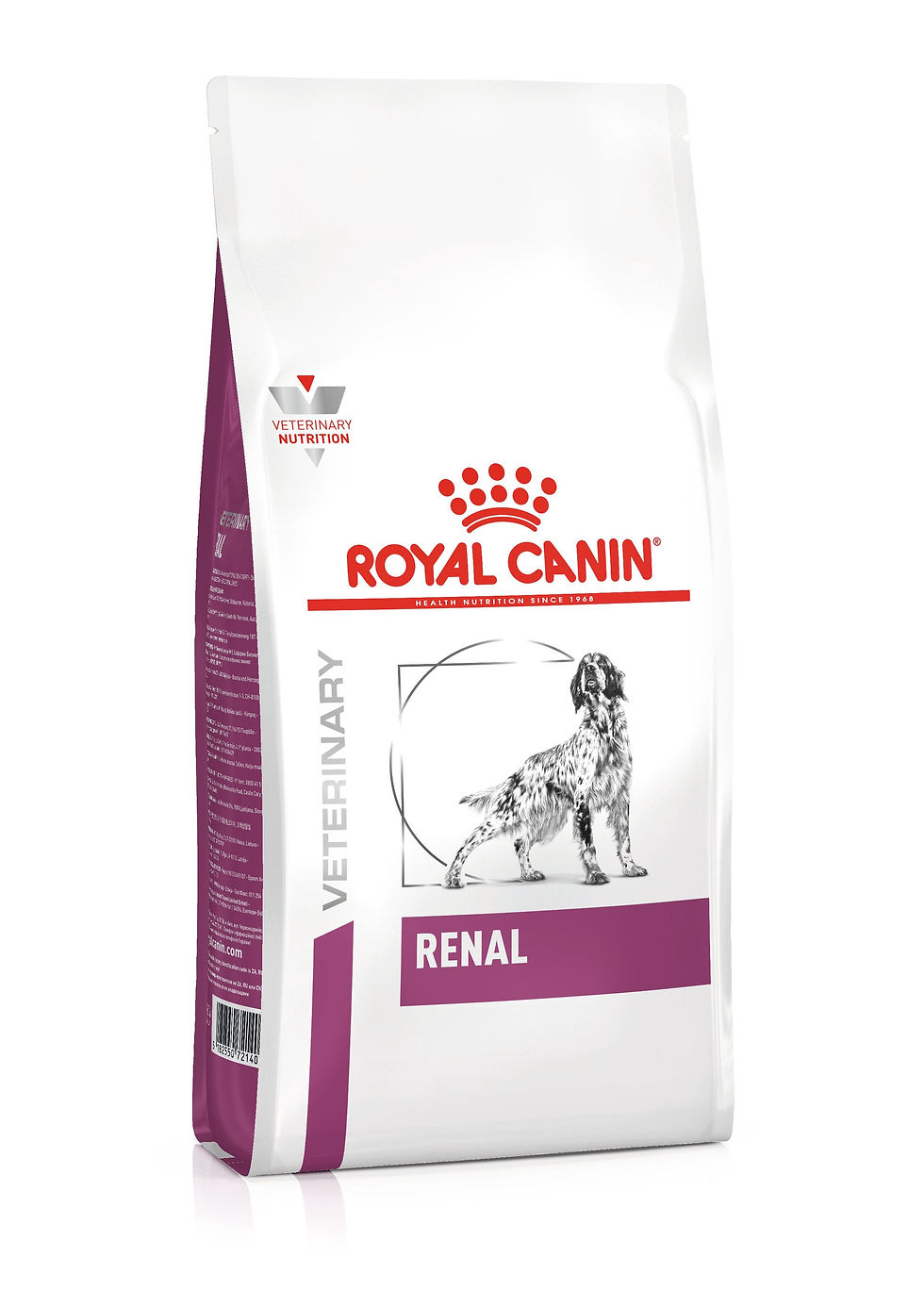 שק מזון רפואי לכלבים Royal Canin Veterinary Renal, אריזה לבנה עם פס סגול ואיור כלב