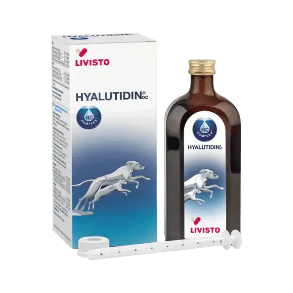 אריזת Hyalutidin ותוסף נוזלי Livisto למפרקי כלבים עם מזרק מדידה