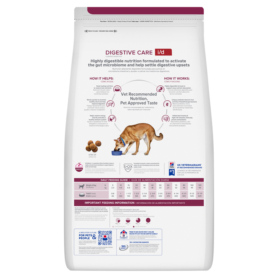 גב שק Hill’s Prescription Diet i/d Digestive Care לכלבים, עם טבלת האכלה והסבר המוצר