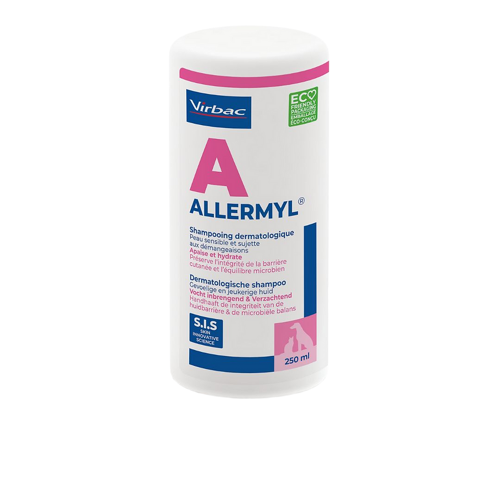 בקבוק שמפו Allermyl של Virbac, תקריב חזית האריזה