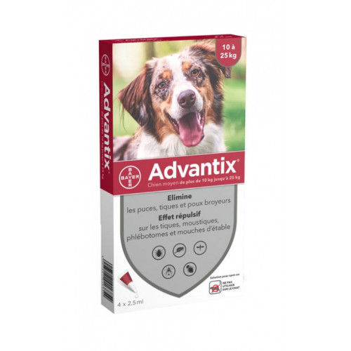 אדוונטיקס Advantix לכלבים 10–25 ק״ג, אריזת 4 אמפולות עם צילום כלב