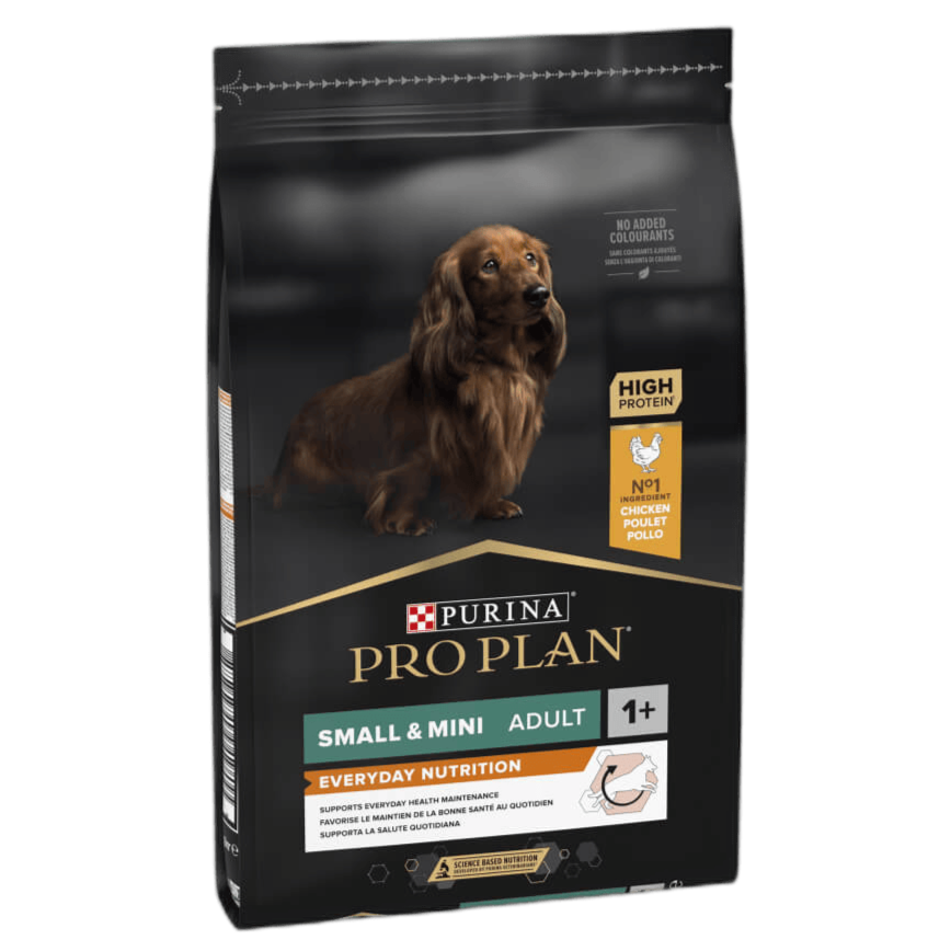 שק מזון יבש Purina Pro Plan Small & Mini Adult בטעם עוף לכלבים בוגרים מגזע קטן, עם צילום כלב קטן