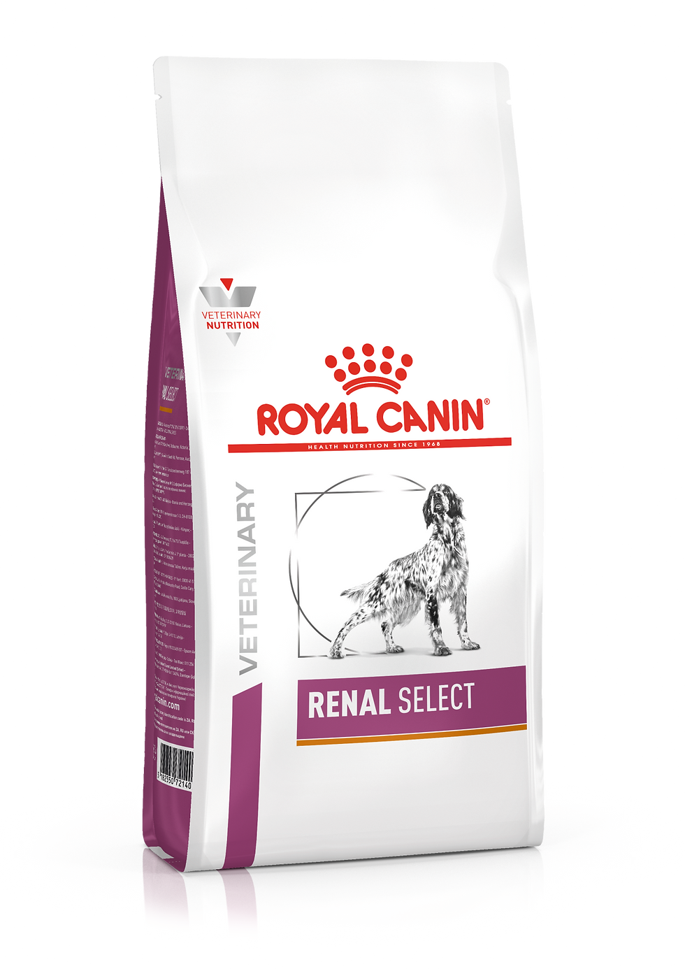 שק מזון רפואי לכלבים Royal Canin Veterinary Renal Select, אריזה לבנה עם פס סגול ואיור כלב