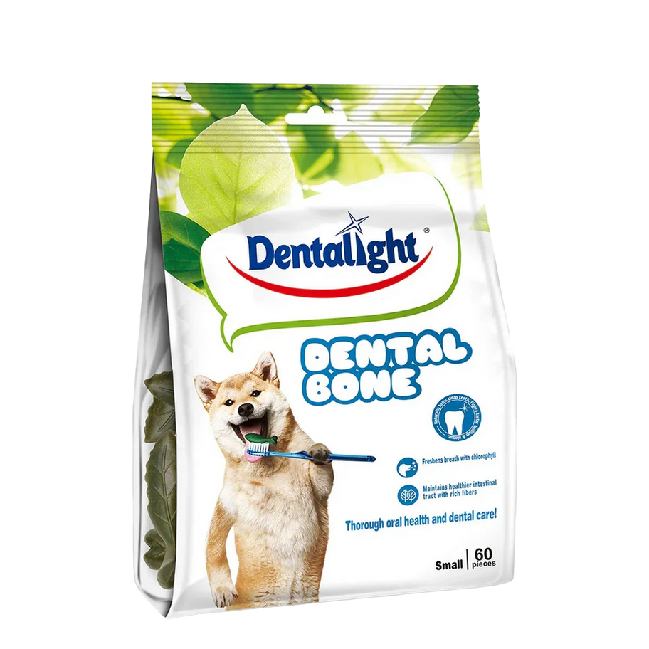 שקית Dentalight של חטיפי לעיסה דנטליים לכלבים בצורת עצם, הכיתוב על האריזה מציין 60 יחידות