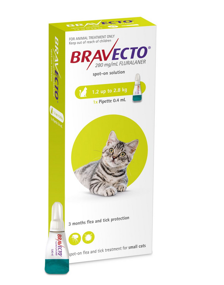 תצוגת אריזות Bravecto Spot On לחתולים בטווחי משקל שונים