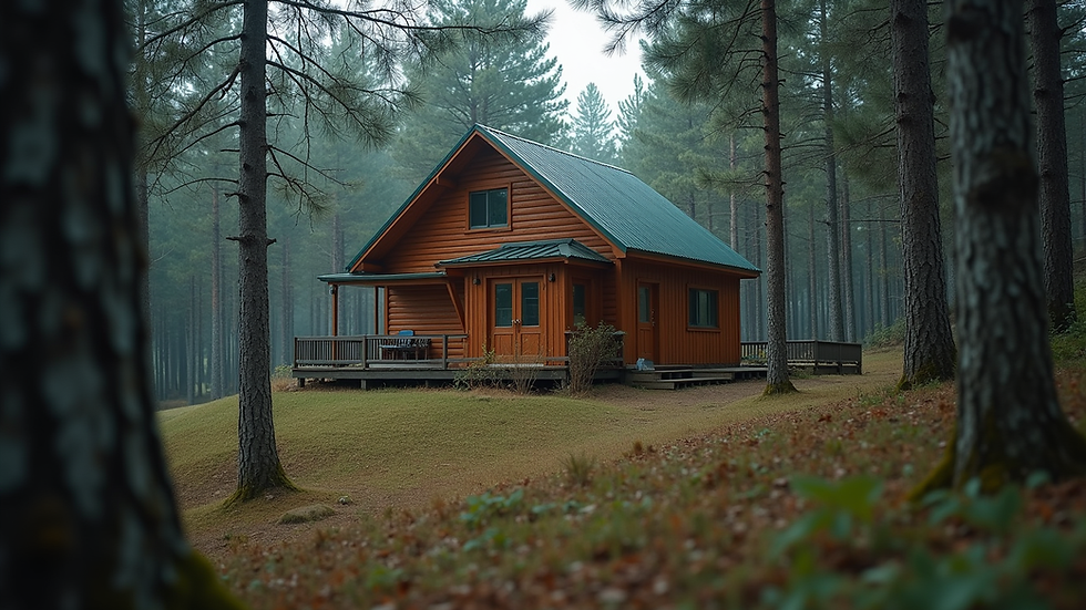 Eye-level view of a cozy cabin surrounded by trees