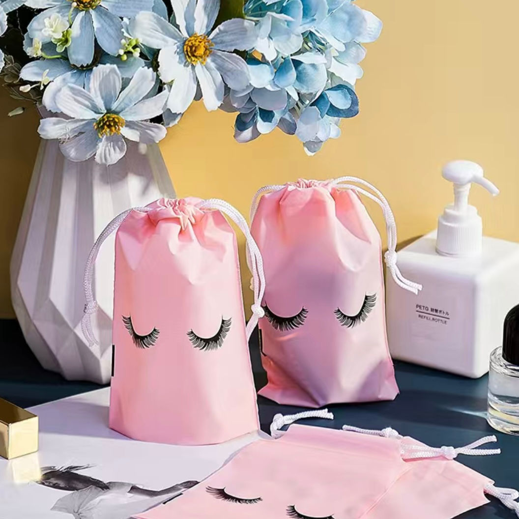 Reusable Eyelash Drawstring Bag (Pink & White)
