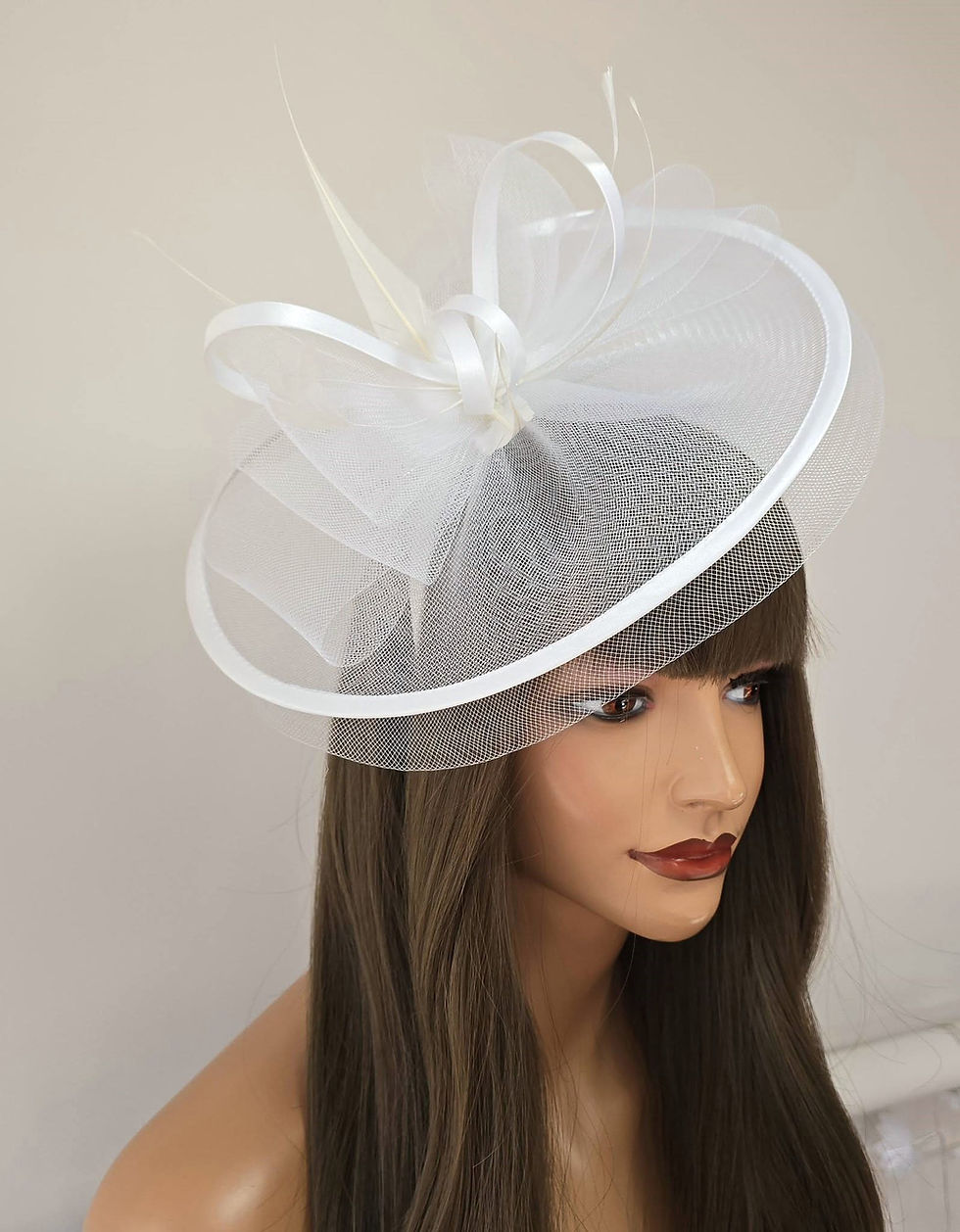 Thumbnail: White mesh Fascinator edged in satin by Designers J Bees Millinery 280226