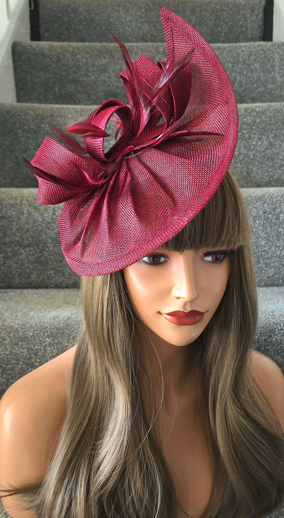 Thumbnail: Burgundy maroon upturned Fascinator on a band 180726