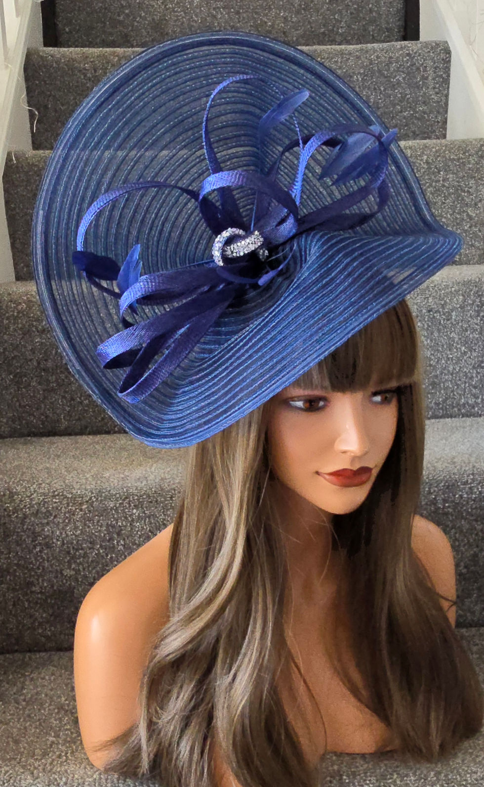 Thumbnail: Navy Blue mesh Fascinator with silver crystal centre 310526
