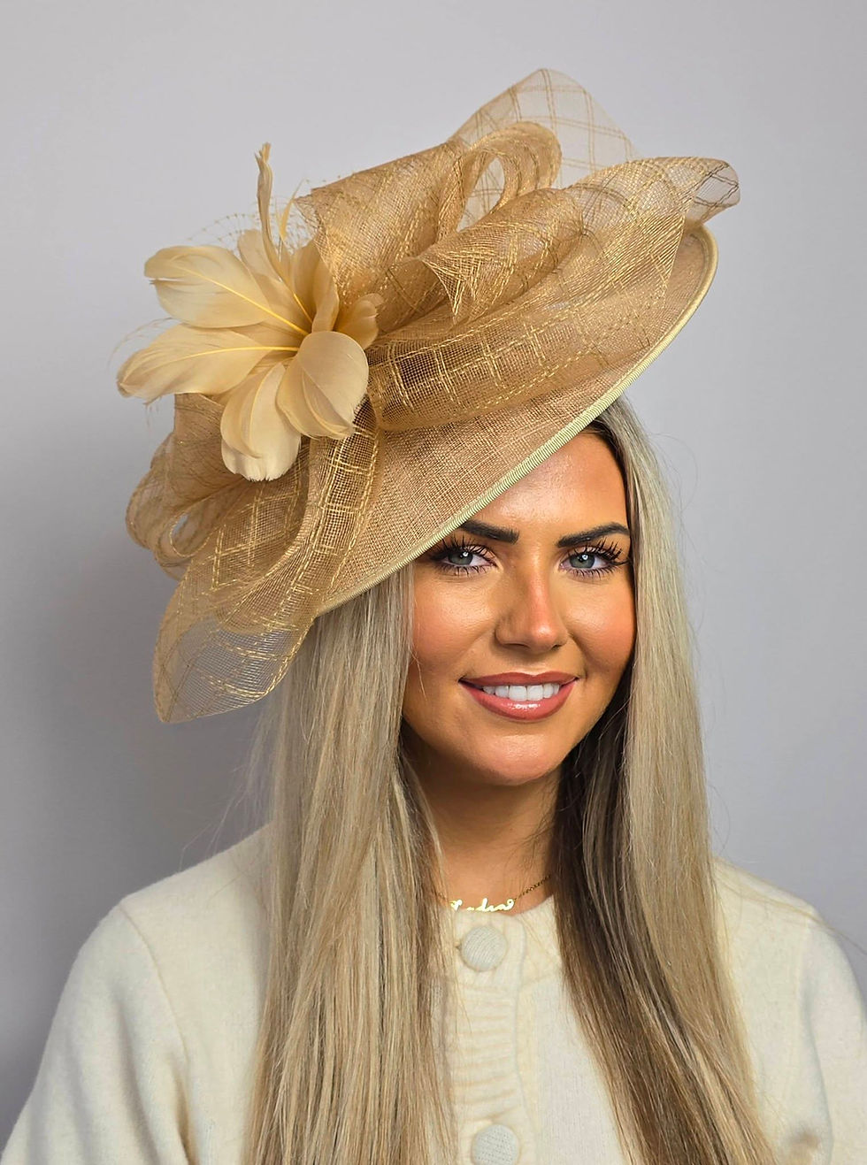 Thumbnail: Gold sinamay Hatinator Hat with mesh on a band 090925