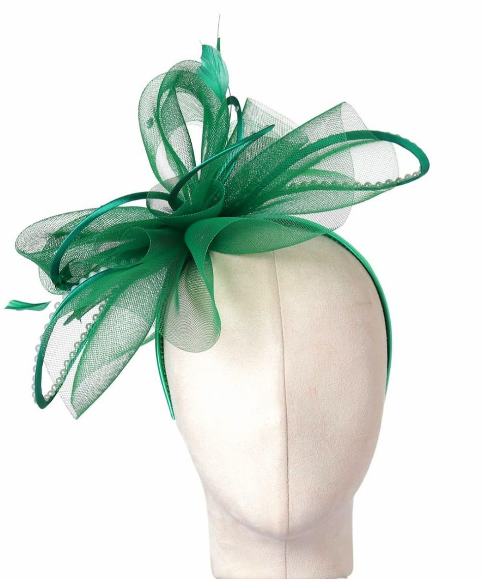 Thumbnail: Green Fascinator with pearls and diamante mounted on to a band 040123