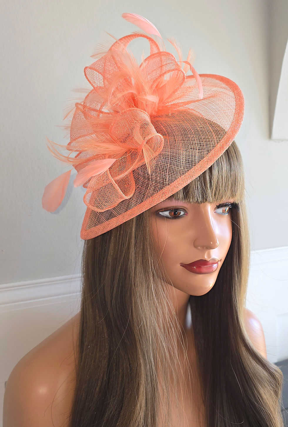 Thumbnail: Deep peach / light coral Teardrop Fascinator on a band 090526